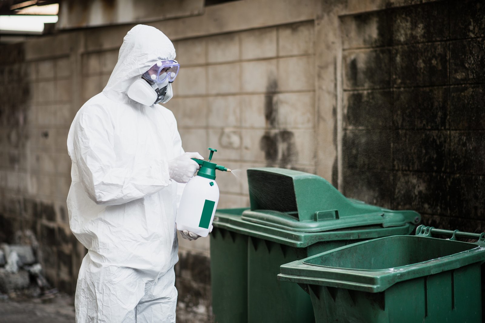 Disinfection specialist man in personal protective equipment (ppe) suit, gloves, mask and face shield, cleaning Quarantine area with a bottle of pressurized spray disinfectant to remove coronavirus.